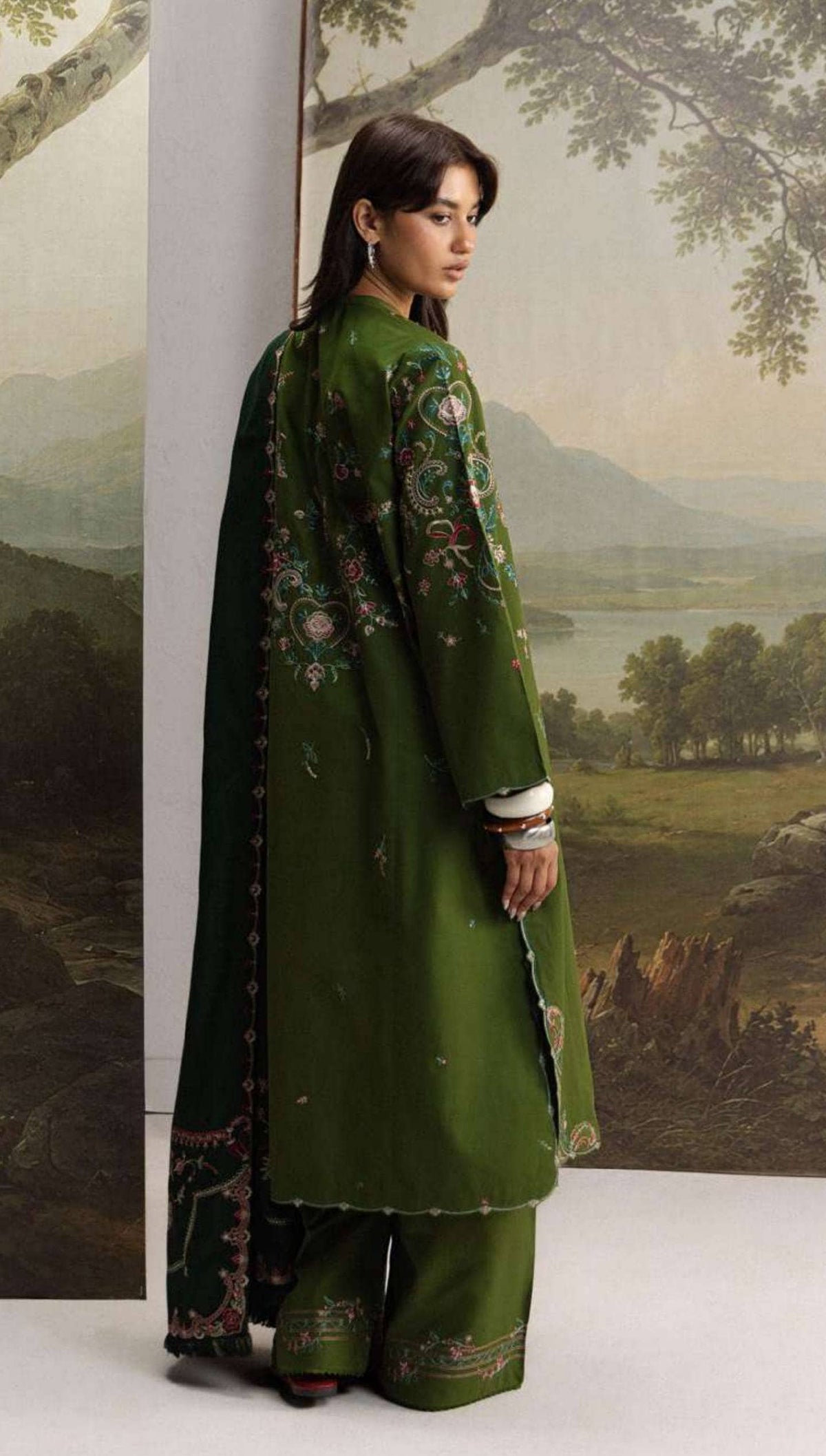 Zara Shahjahan Coco Winter 26/Embroideried/5B/Shab/Forest Green/Delicate Florals & Paisleys