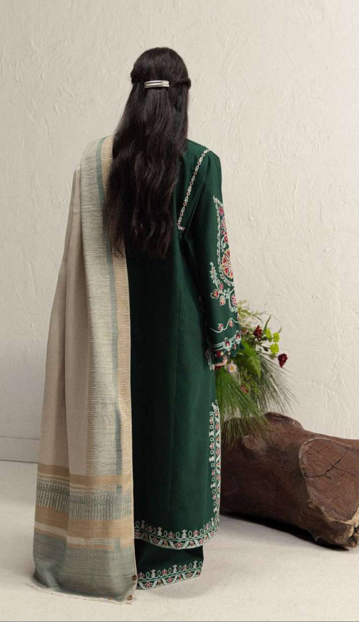 Zara Shahjahan Coco Winter 26/Embroideried/Ochre 2B/Emerald Green/Suzani Inspired Ornamental Forms