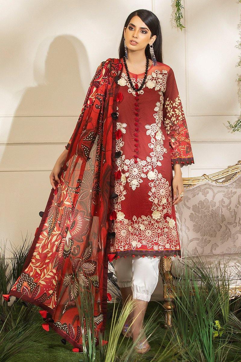 Hemline by Mushq/Luxury Lawn/DANCING SCARLET (HLS-07A) - AWWALBOUTIQUE