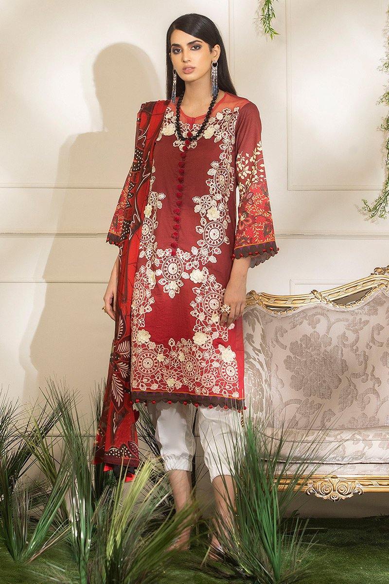 Hemline by Mushq/Luxury Lawn/DANCING SCARLET (HLS-07A) - AWWALBOUTIQUE