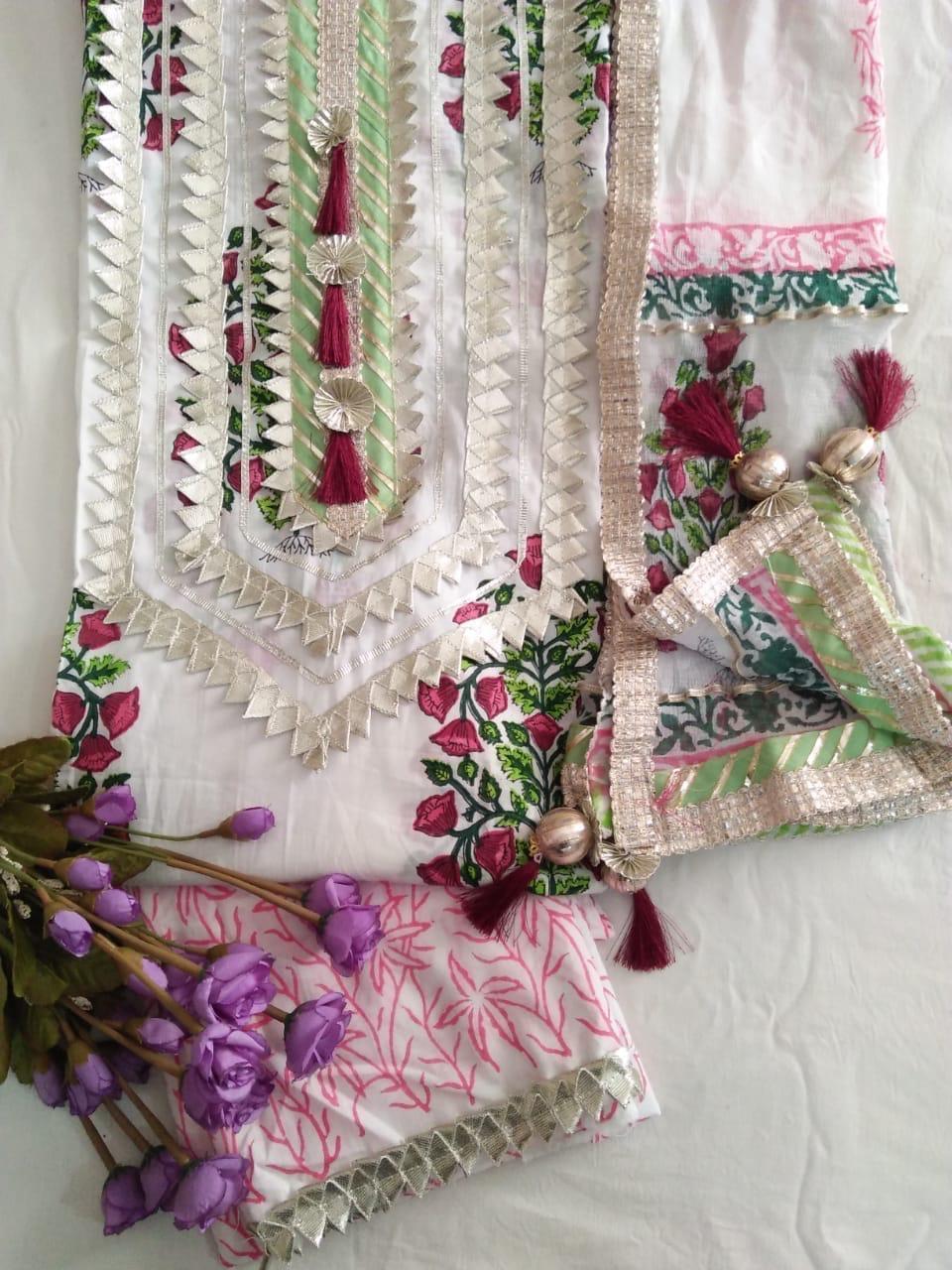 Promoting Indian Artisans/Cotton Block Prints Gota Patti Suits|D 15|3 Pc