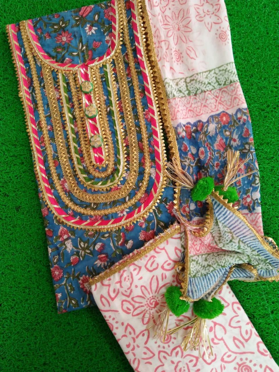 Promoting Indian Artisans/Cotton Block Prints Gota Patti Suits|D 13|Blue|3 Pc