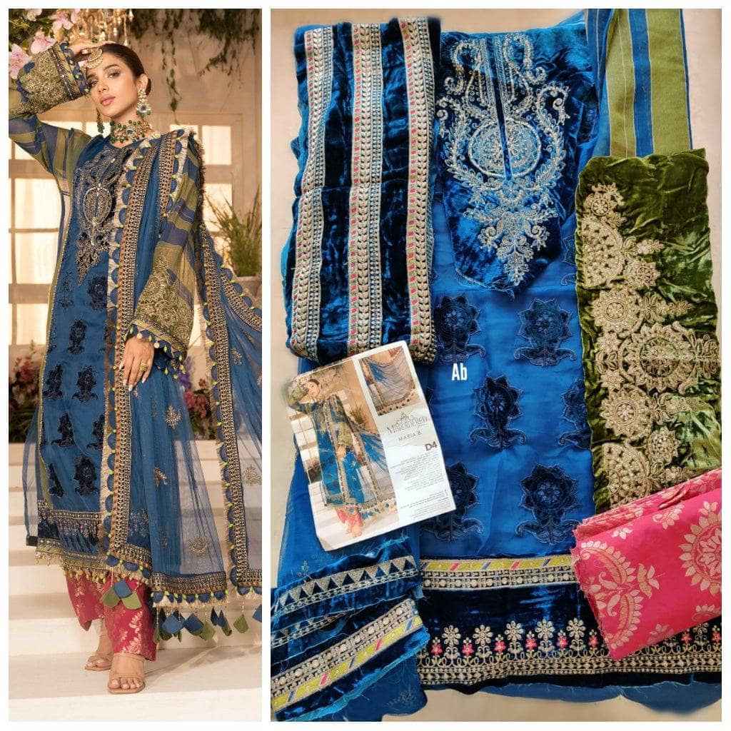 Restocked/Maria B Mbroidered/Blue Olive green with deep Coral Pink (BD-2104)