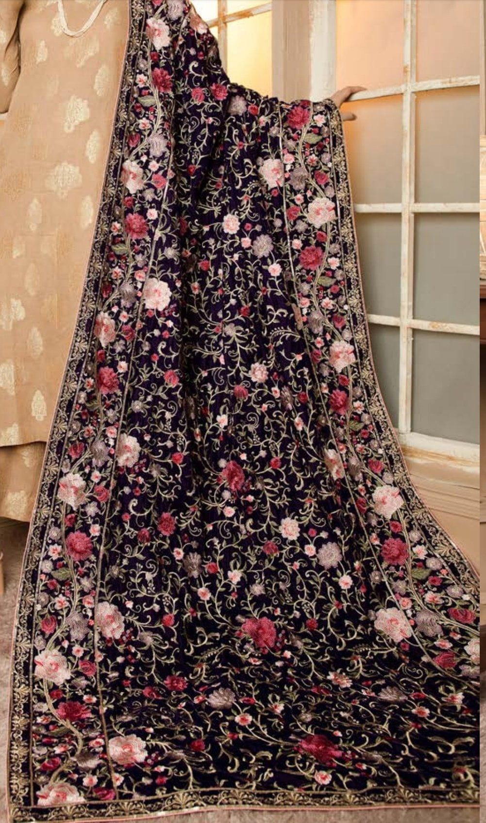 Turkish Marone/Luxury Embroidered Velvet Shawl by Adans Libaas