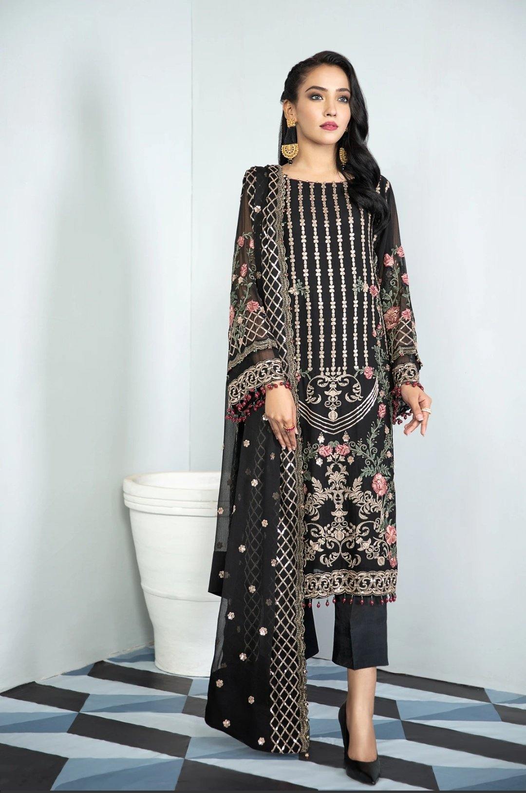 Alizeh Embroidered Chiffon/Vol 3/Black Palm - AWWALBOUTIQUE
