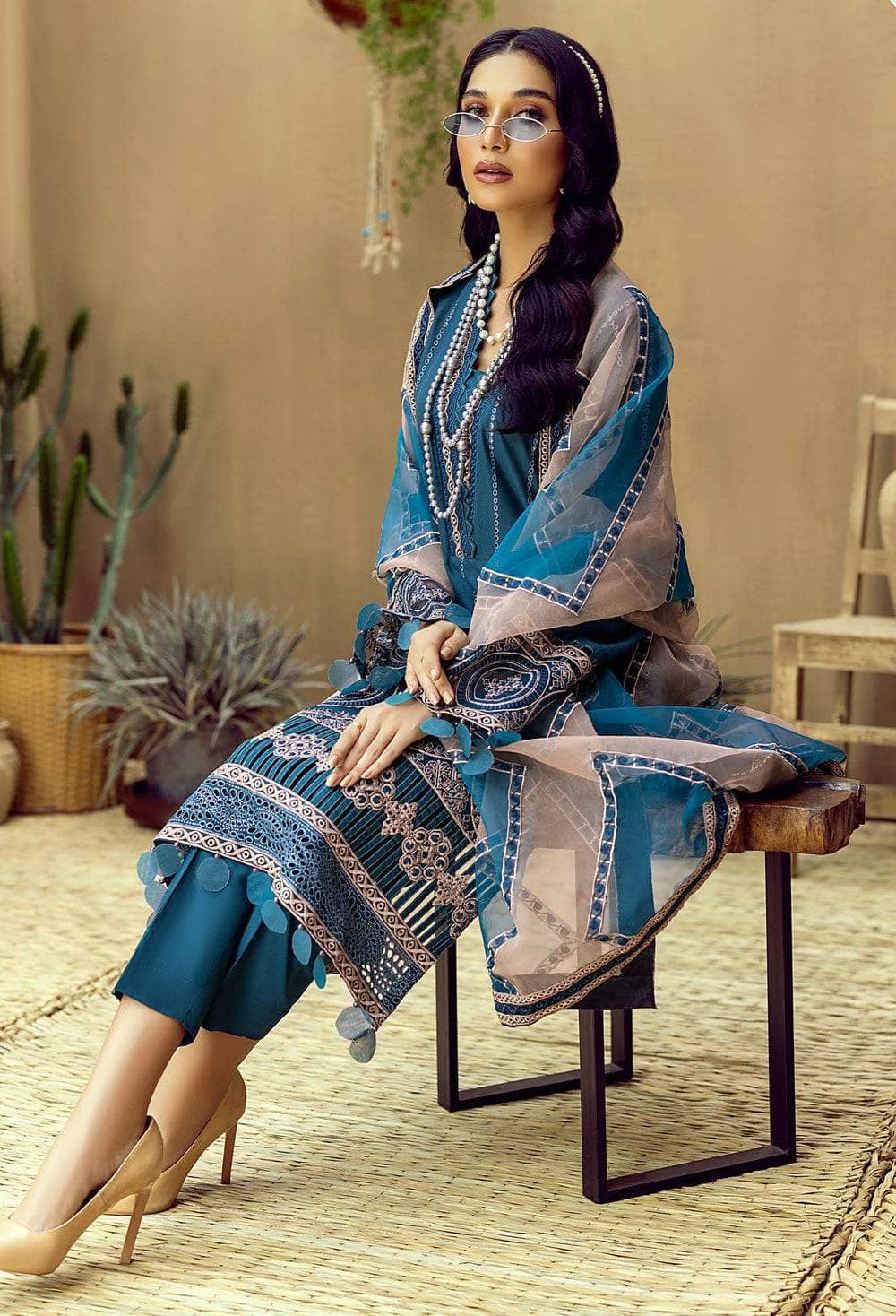 Adans Libas Fuchsia Lawn Pakistani Suits Adans Libas Zaire Schiffli/Curious Blue