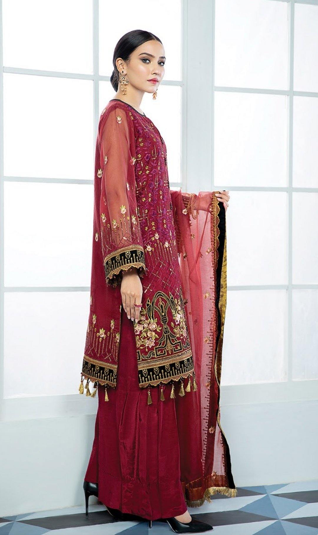 Alizeh Embroidered Chiffon/Vol 3/Surkh - AWWALBOUTIQUE