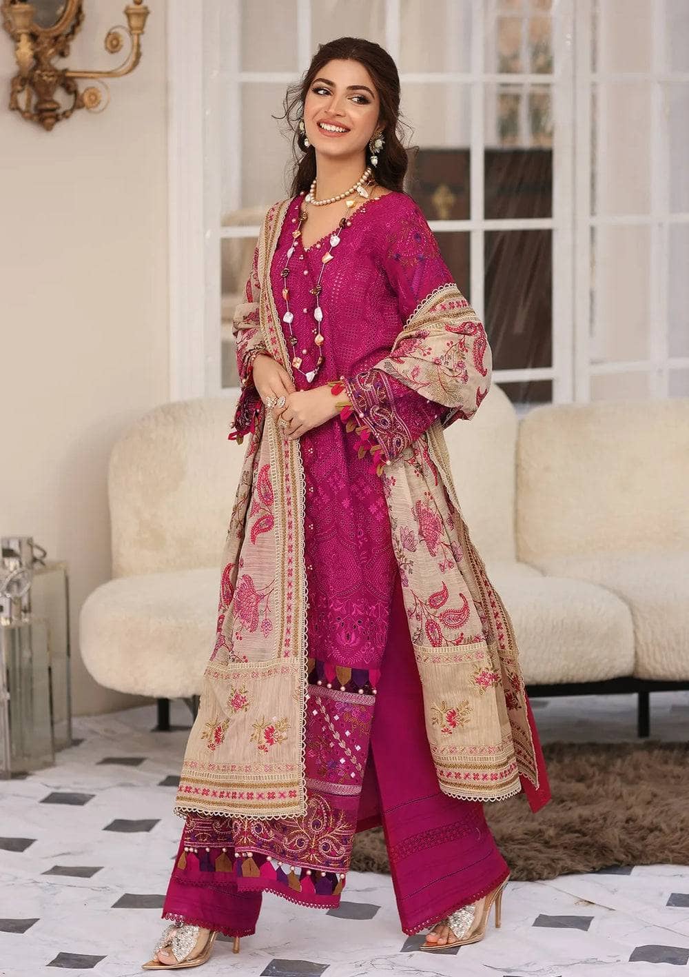 Restocked/Elaf Festive Chikankari Lawn/ELC-11 HOT PINK