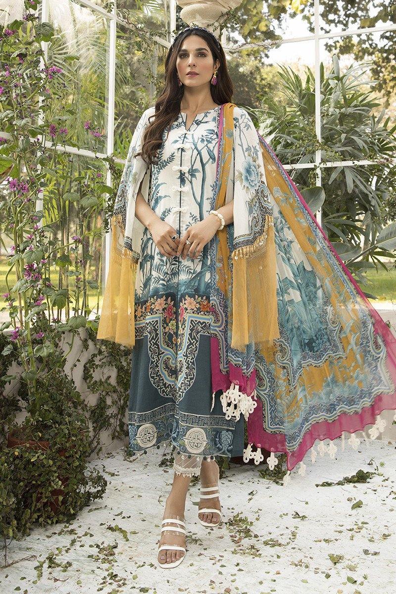 Printed lawn shirt Cambric trouser Chiffon printed dupatta Embroidered ghera patti