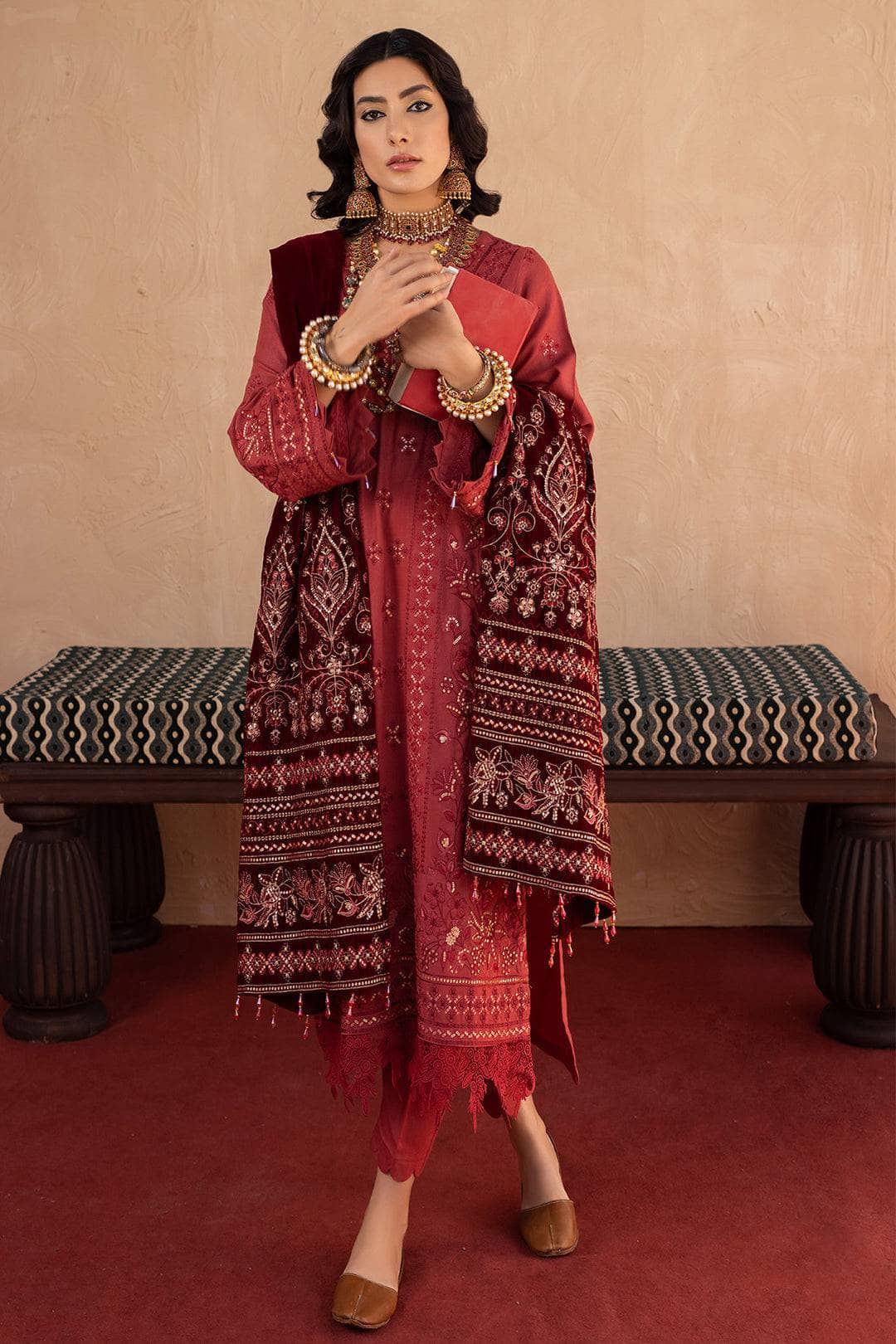 img_leather_peach_embroidered_shirt_velvet_shawl_awwal_boutique