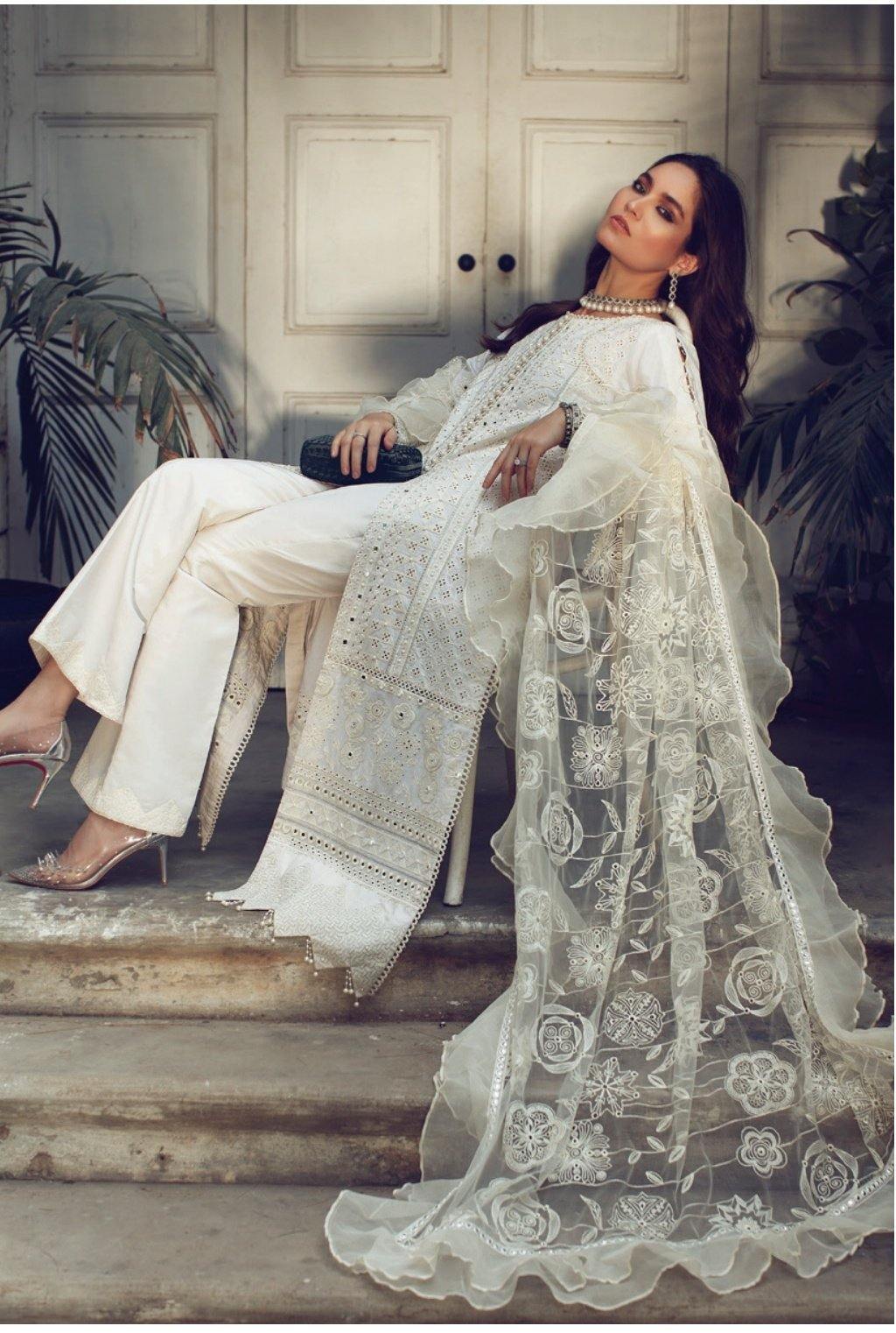 Restocked/Rouche Chikankari/Ivory - AWWALBOUTIQUE