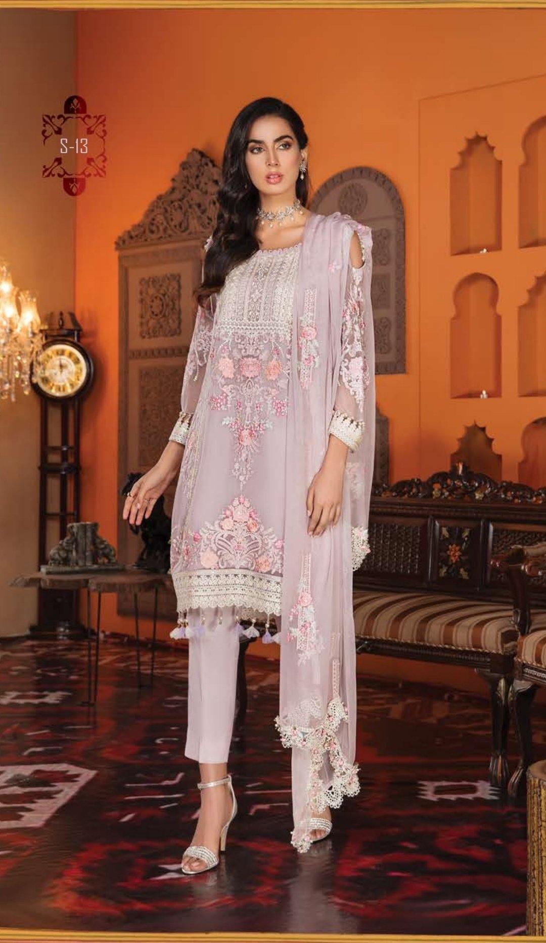Embroidered Chiffon Shirt with sequins and baadla: 3.25 yards • Embroidered front border patch on tissue: 28 inches • Embroidered back border patch on tissue: 28 inches • Embroidered sleeves border patch on tissue: 40 inches • Embroidered chiffon dupatta with stitched 4 side lace with 3D roses and pearls: 2.5 yards • Dyed PK grip trouser: 2.5 yards • Crystals and pearls for shirt tasseling