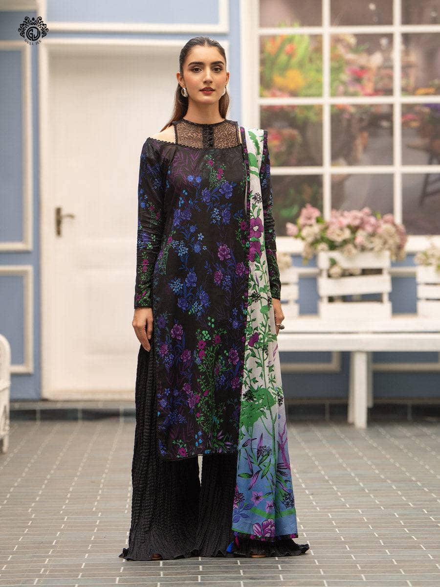 Front: Digital Printed Lawn Boring Embroidered
Back: Digital Printed Lawn
Sleeves: Digital Printed Lawn
Duppata: Digital Printed 100% Pure Voil Lawn Boring Embroidered
Trouser: Dyed Cambric Cotton
Note:

Actual product color may differ a Bit from the image.