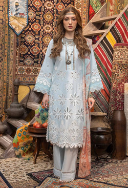 Schiffli Dissolved Embroidered Lawn Front 0.8 MTR Schiffli Dissolved Embroidered Lawn Back 0.8 MTR Schiffli Dissolved Embroidered Lawn Sleeves 0.66 MTR Dyed Cotton Trouser 2.5 YARD Digital Printed Chiffon Dupatta 2.5 YARD