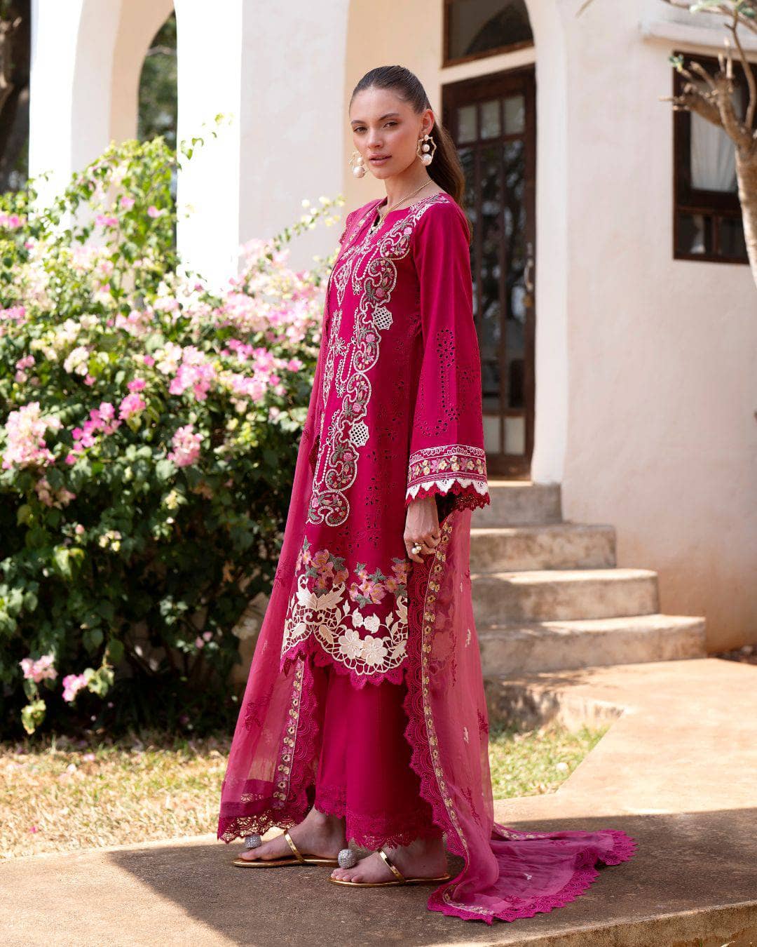 Restocked/Afsana Lawn by Nofha Official/Pink Ruby/Embroideried Chiffon Dupatta