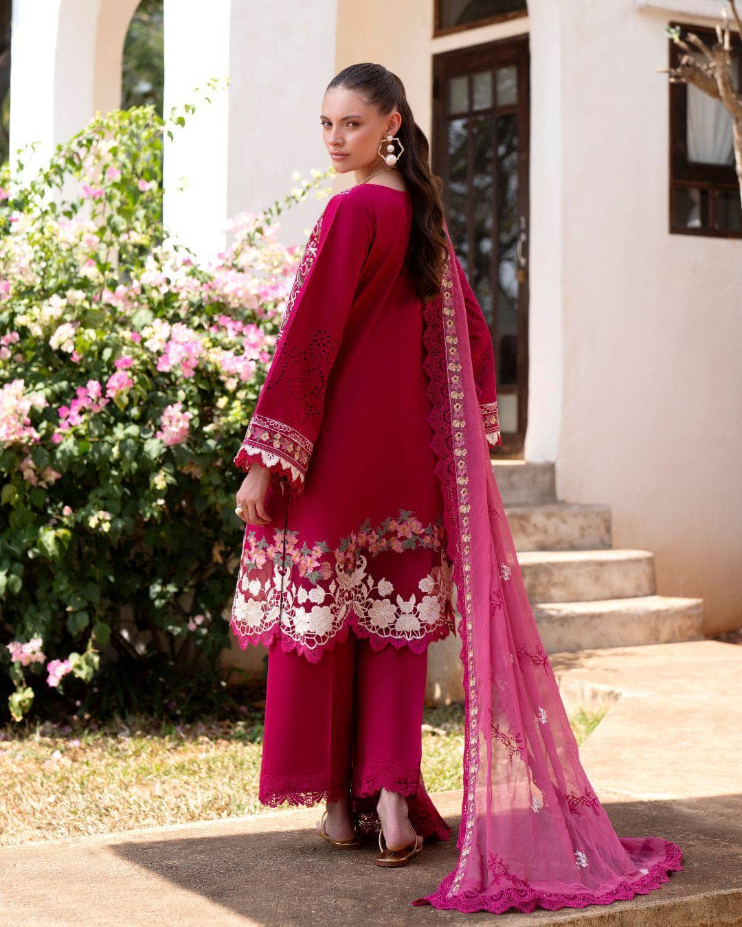 Restocked/Afsana Lawn by Nofha Official/Pink Ruby/Embroideried Chiffon Dupatta