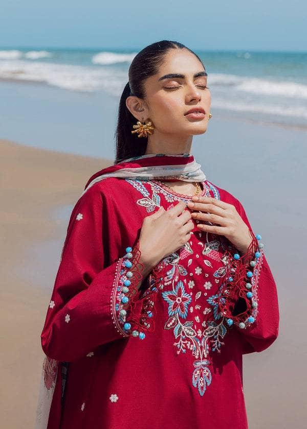 Woman in a red embroidered outfit standing on a beach with ocean in the background