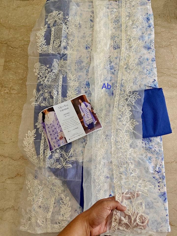 Open Pic/Myeesha Lawns/Aasma/Blue/Embroideried Chiffon Dupatta