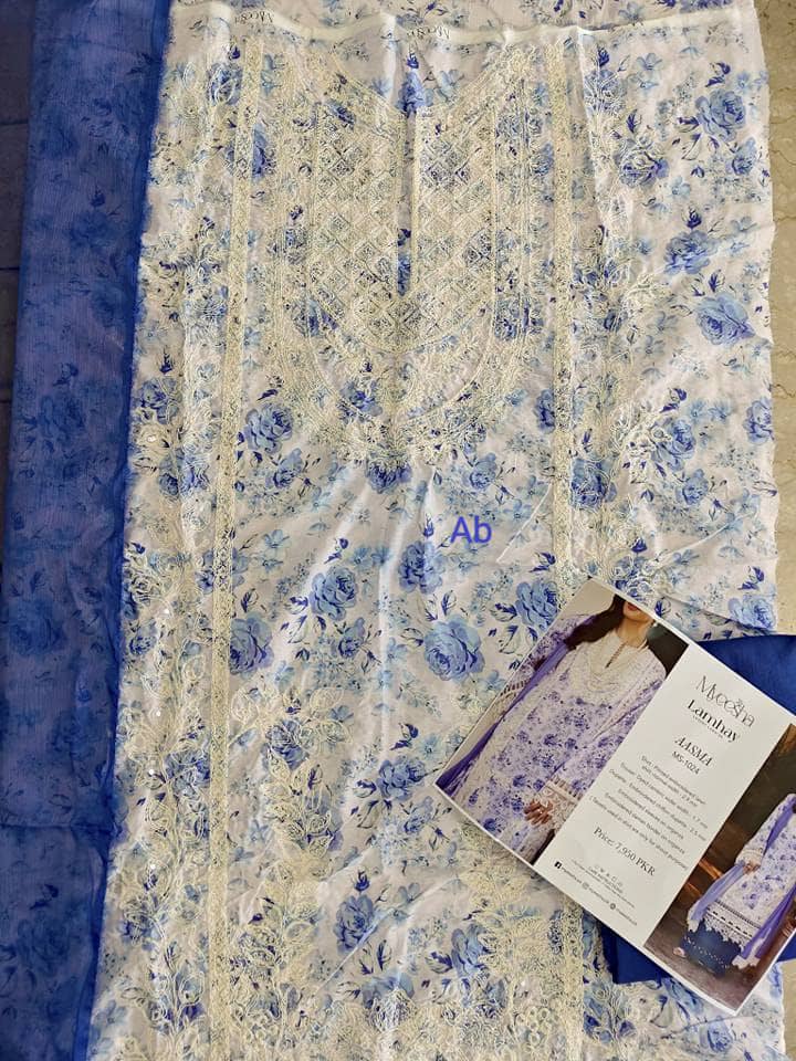 Open Pic/Myeesha Lawns/Aasma/Blue/Embroideried Chiffon Dupatta