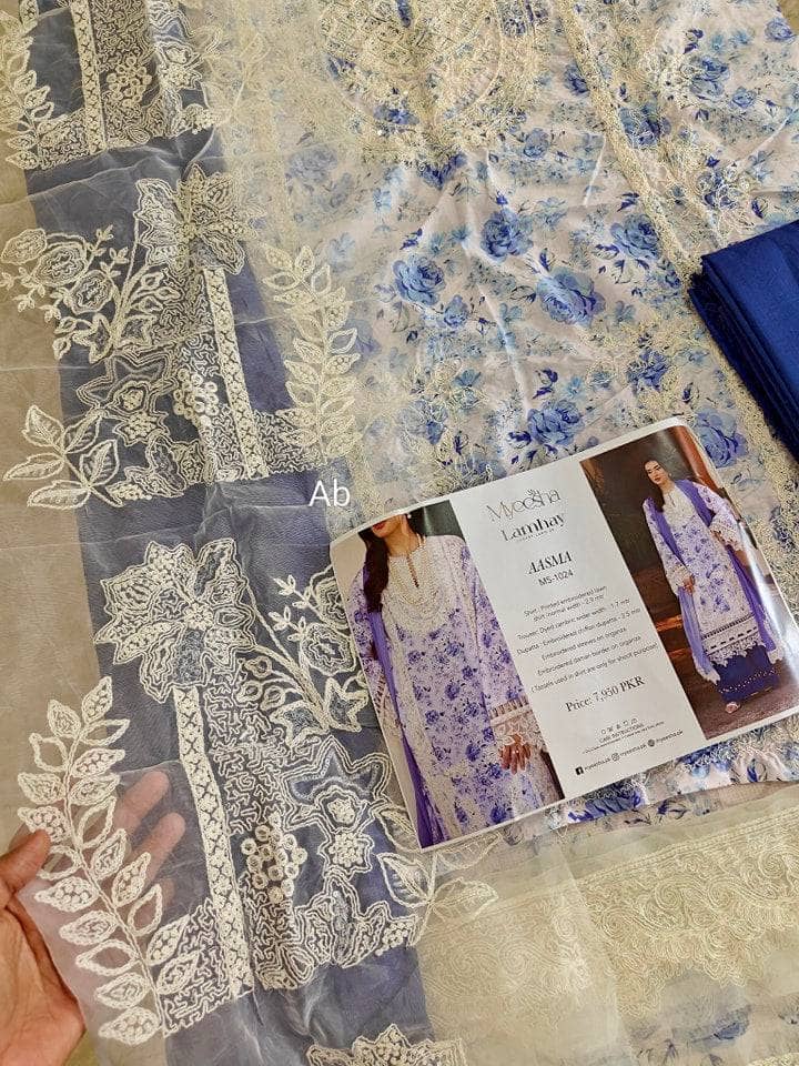 Open Pic/Myeesha Lawns/Aasma/Blue/Embroideried Chiffon Dupatta