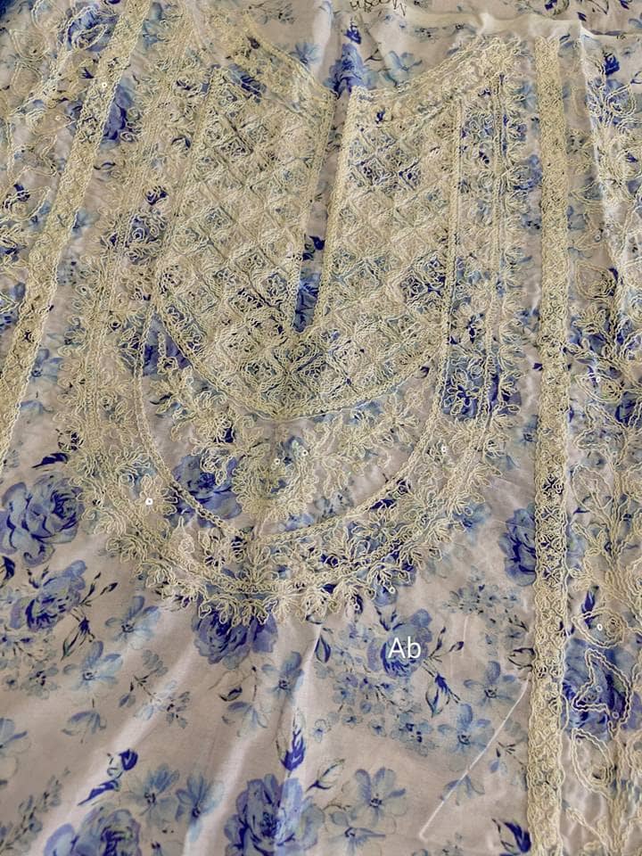 Open Pic/Myeesha Lawns/Aasma/Blue/Embroideried Chiffon Dupatta