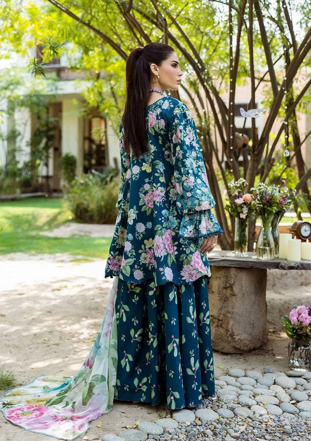 Restocked/Elaf Prints Chiffon Dupatta Collection/ECD-1B AZURE FERN