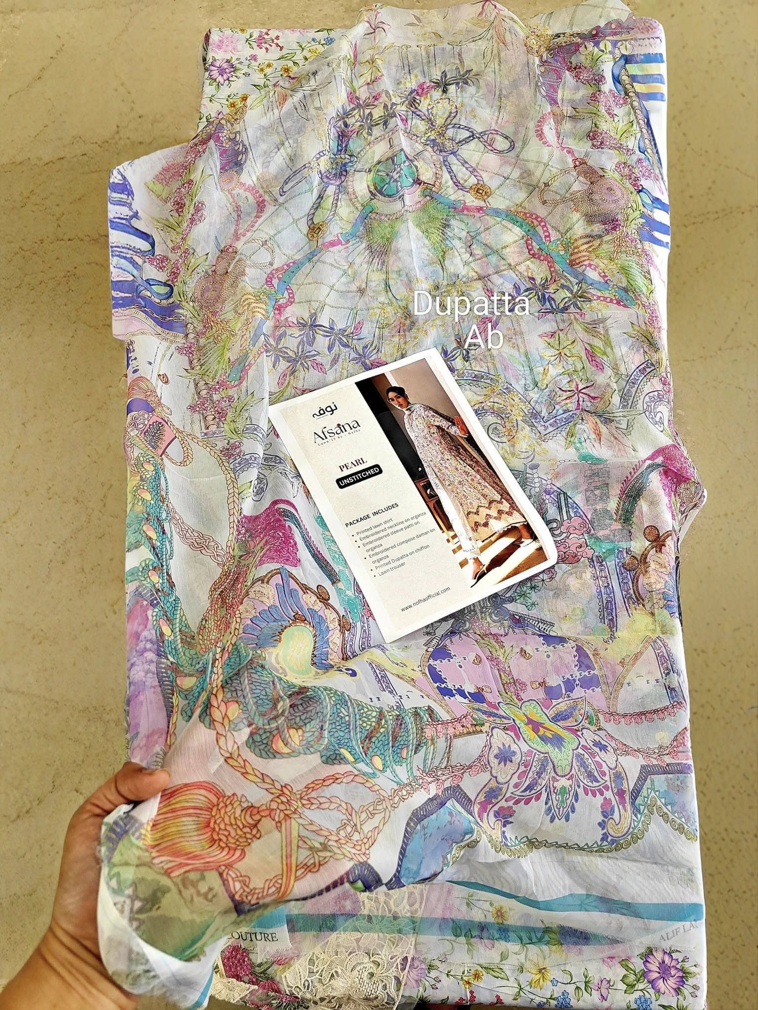 Open Pic/Afsana Lawn by Nofha Official/Pearls/Chiffon Dupatta