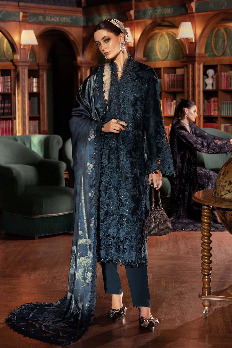 Restocked/Maria B Winter Luxe 25/Embroideried Velvet Suit/Silk Wool Shawl/10/Teal