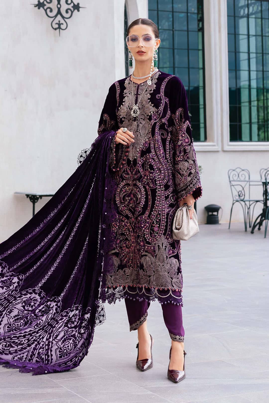 Maria B Winter Luxe 25/Embroideried Velvet Suit/Velvet Palachi Shawl/11/Dark Purple