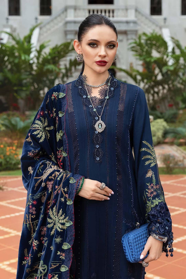 Maria B Winter Luxe 25/Embroideried Twill Linen Suit/Embroidered velvet Shawl/12/Navy Blue