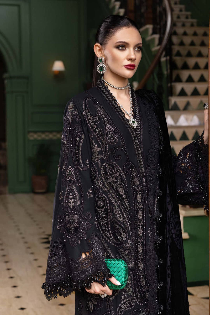 Restocked/Maria B Winter Luxe 25/Embroideried Linen Suit/Velvet Palachi Shawl/07/Black