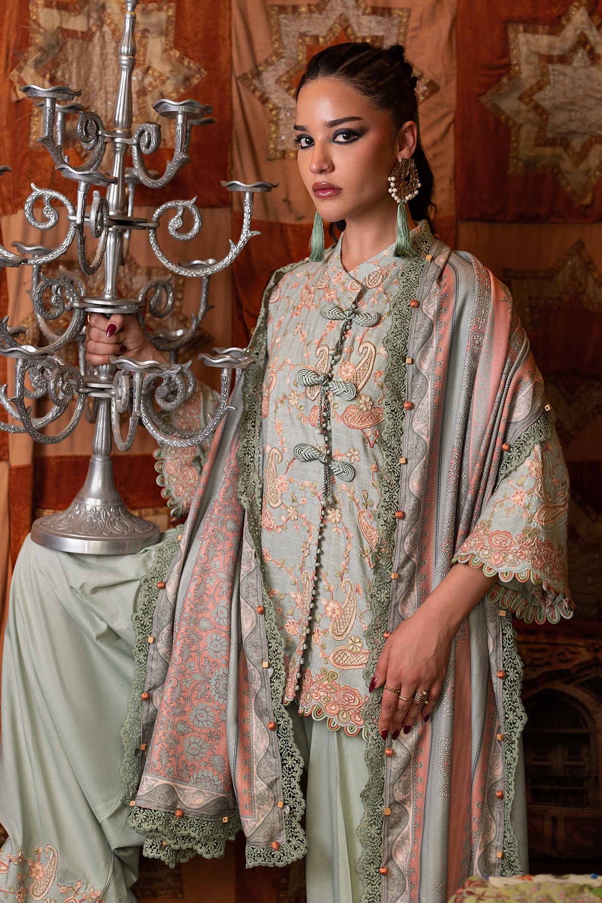 Maria B M Prints/Fall Edit 26/8 B/Irish Linen Suit/Sea Green/Shawl