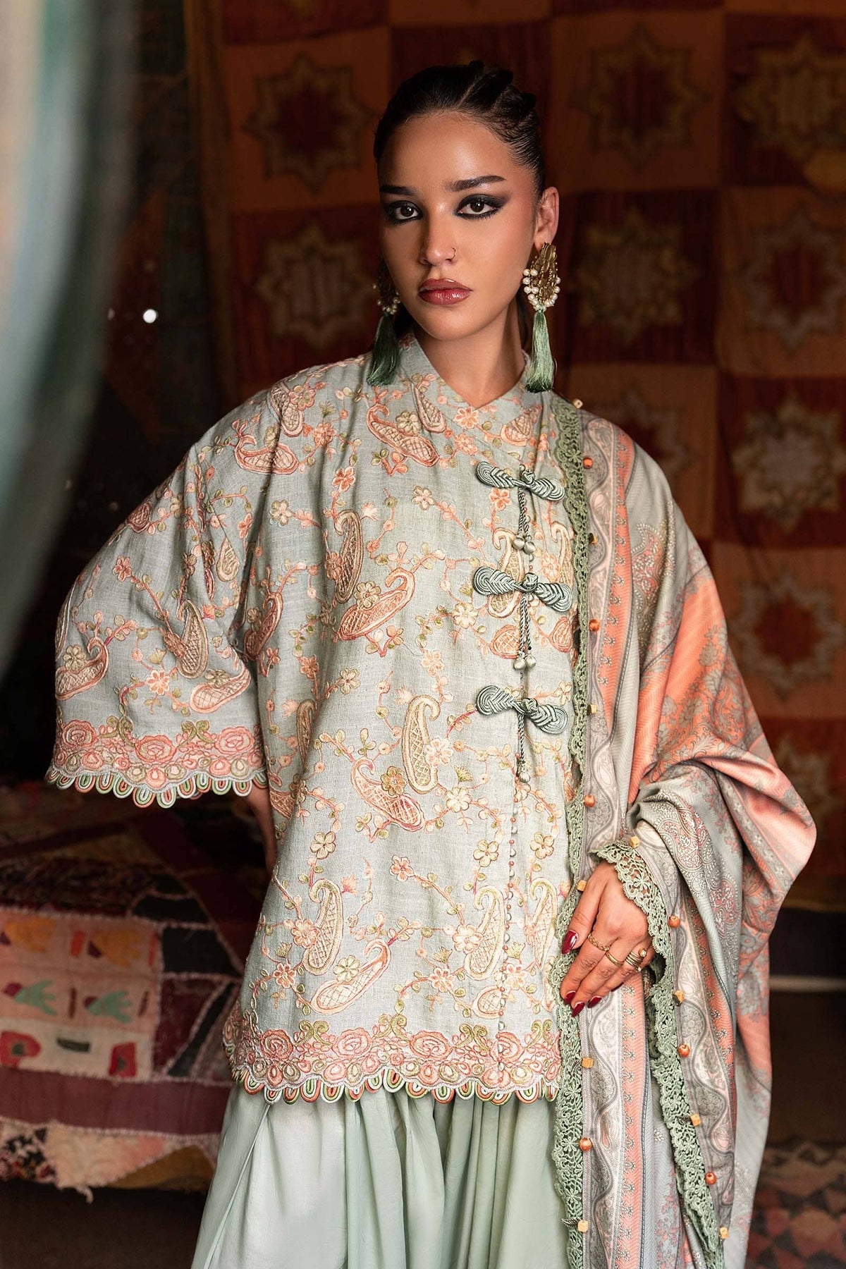 Maria B M Prints/Fall Edit 26/8 B/Irish Linen Suit/Sea Green/Shawl