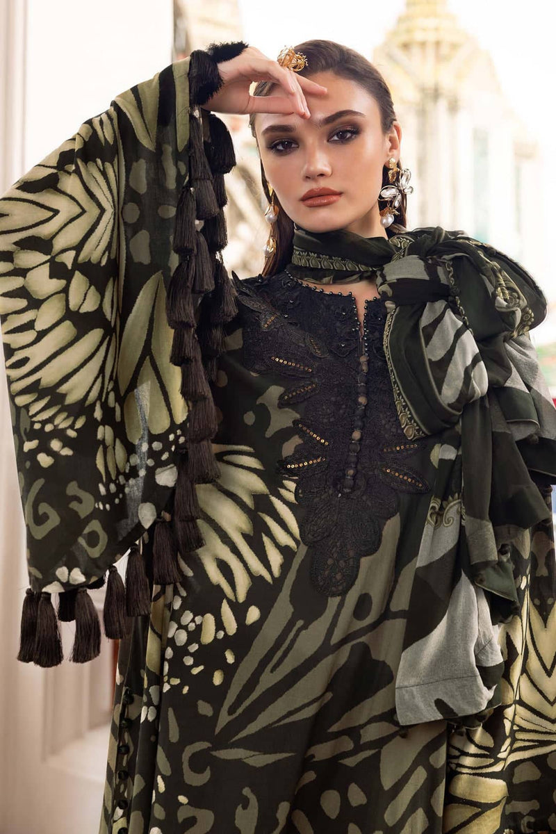 Maria B M Prints 25/Vol 2/9A/Winter Edit/Dark Olive/Embroidered Linen/Chiffon Dupatta