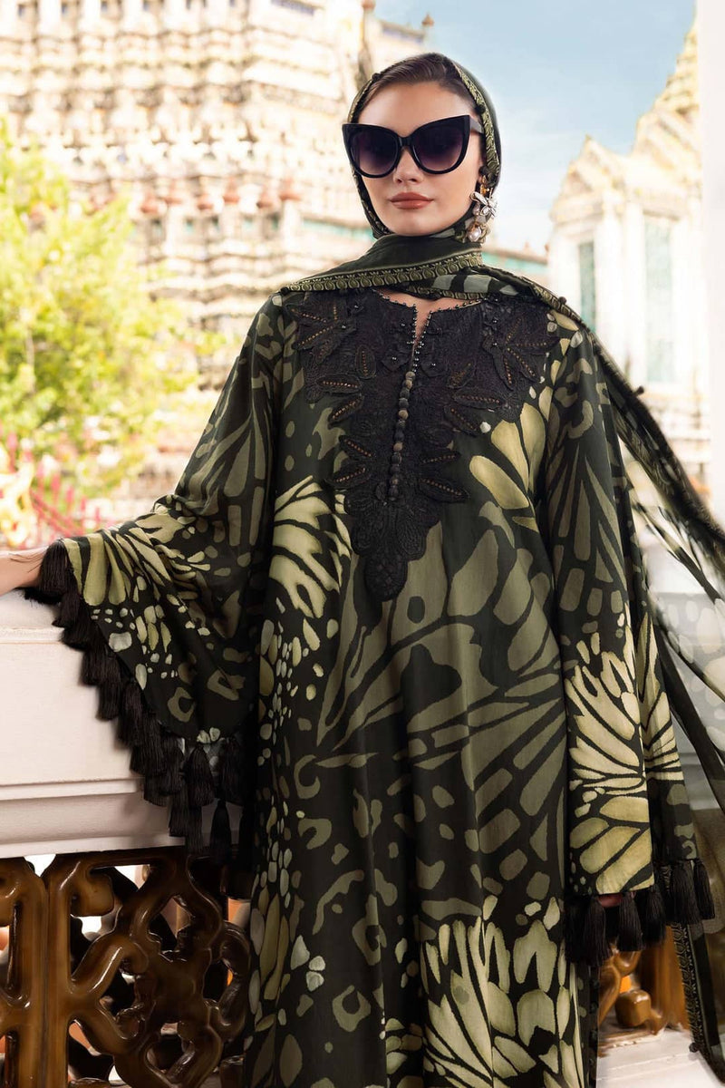 Maria B M Prints 25/Vol 2/9A/Winter Edit/Dark Olive/Embroidered Linen/Chiffon Dupatta