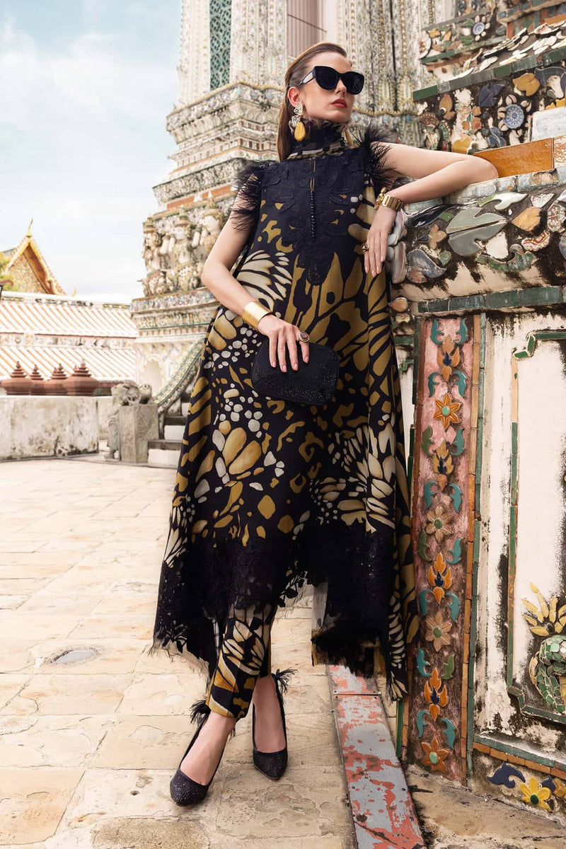 Maria B M Prints 25/Vol 2/9B/Winter Edit/Black/Embroideried Linen/Chiffon Dupatta