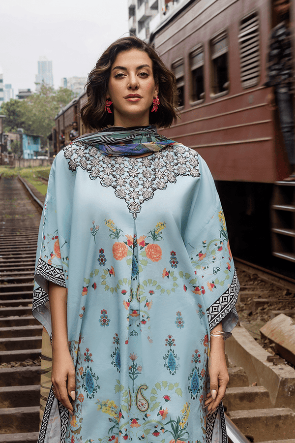 Restocked/Mushq La Dolce Hemline Prints/Nerina/Light Blue/Chiffon Dupatta