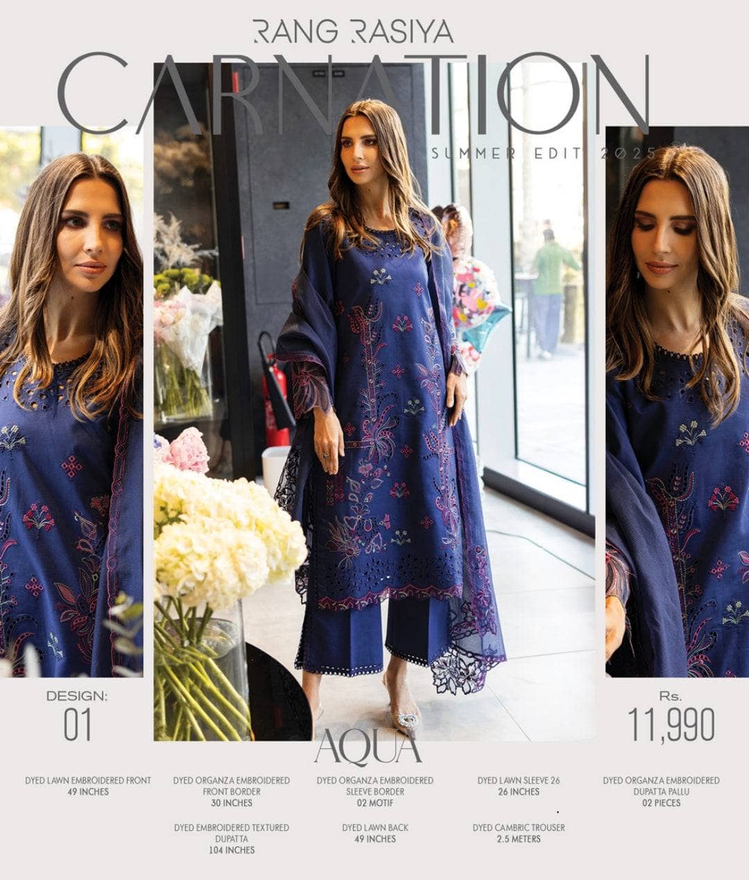 Rang Rasiya Carnation Lawn/Aqua/Navy Blue