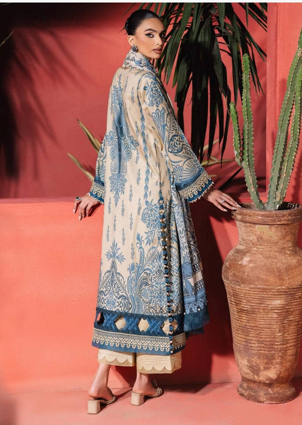 Woman in a traditional embroidered outfit standing next to a plant against a red background