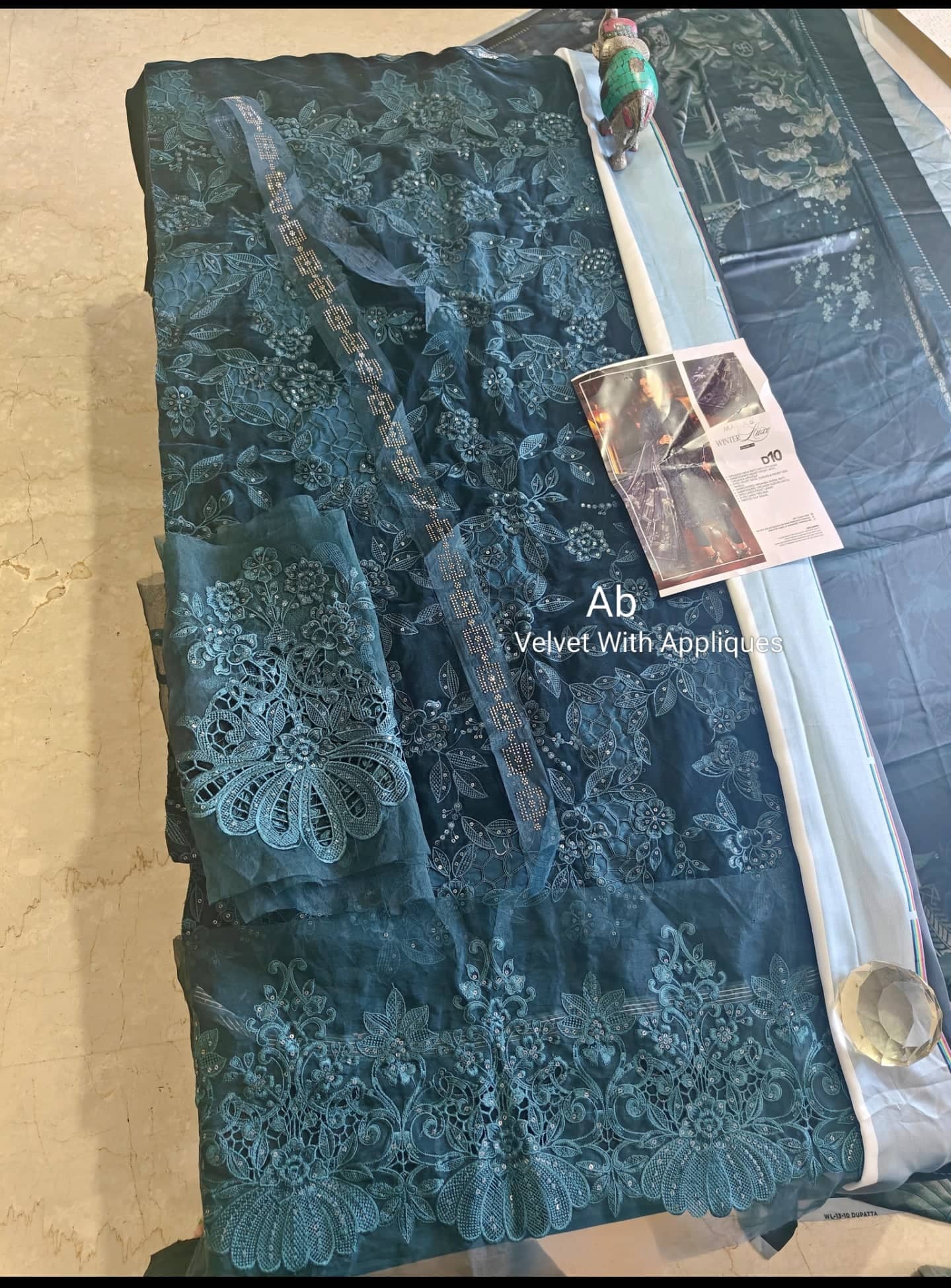 Open Pic//Maria B Winter Luxe/Embroideried Velvet Suit/Silk Wool Shawl/10/Teal