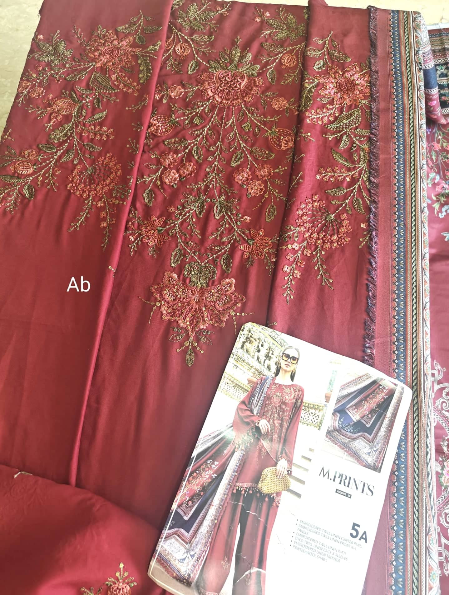 Maria B M Prints 25/Vol 2/5A/Winter Edit/Maroon/Twill Linen/Wool Shawl