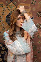 Schiffli Dissolved Embroidered Lawn Front 0.8 MTR Schiffli Dissolved Embroidered Lawn Back 0.8 MTR Schiffli Dissolved Embroidered Lawn Sleeves 0.66 MTR Dyed Cotton Trouser 2.5 YARD Digital Printed Chiffon Dupatta 2.5 YARD