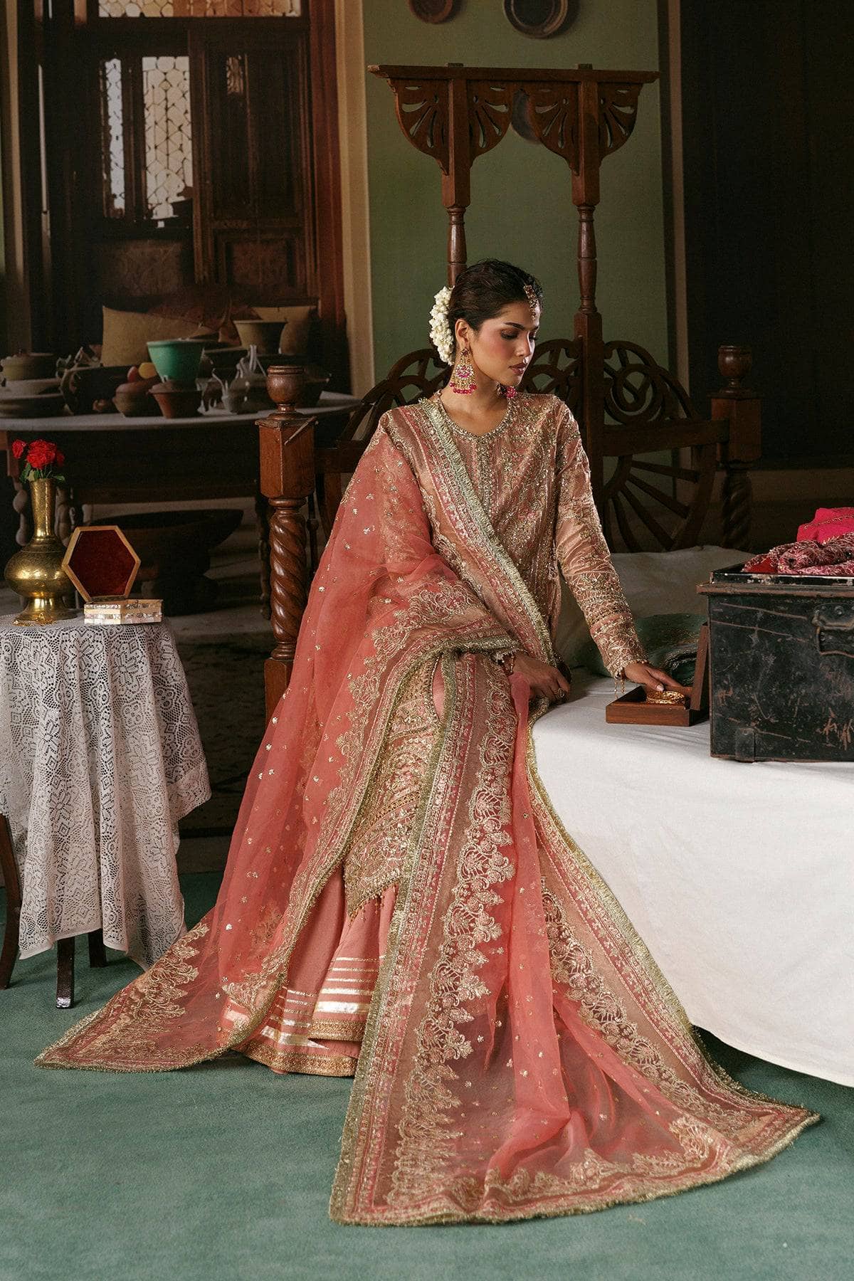 Afrozeh Shehnai Wedding Formals 26/Aabroo/Peach Golden