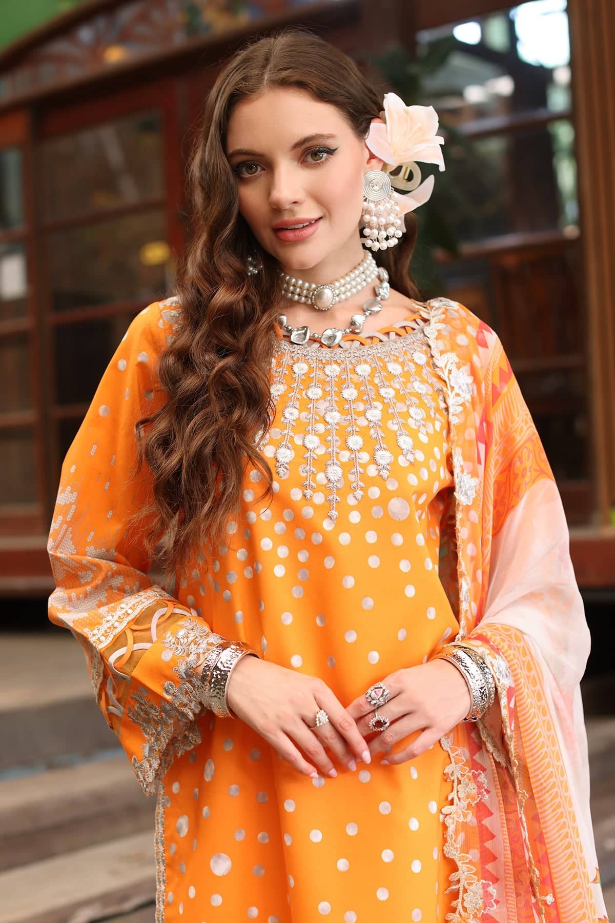 Charizma Aniiq Lawn/Orange/Pure Chiffon Embroideried Dupatta/AN5-14