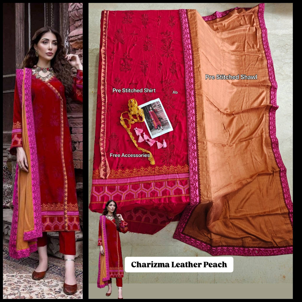 Semi Stitched/Charizma Poshima/Pre Stitched Shawl&Shirt/Leather Peach Fabric