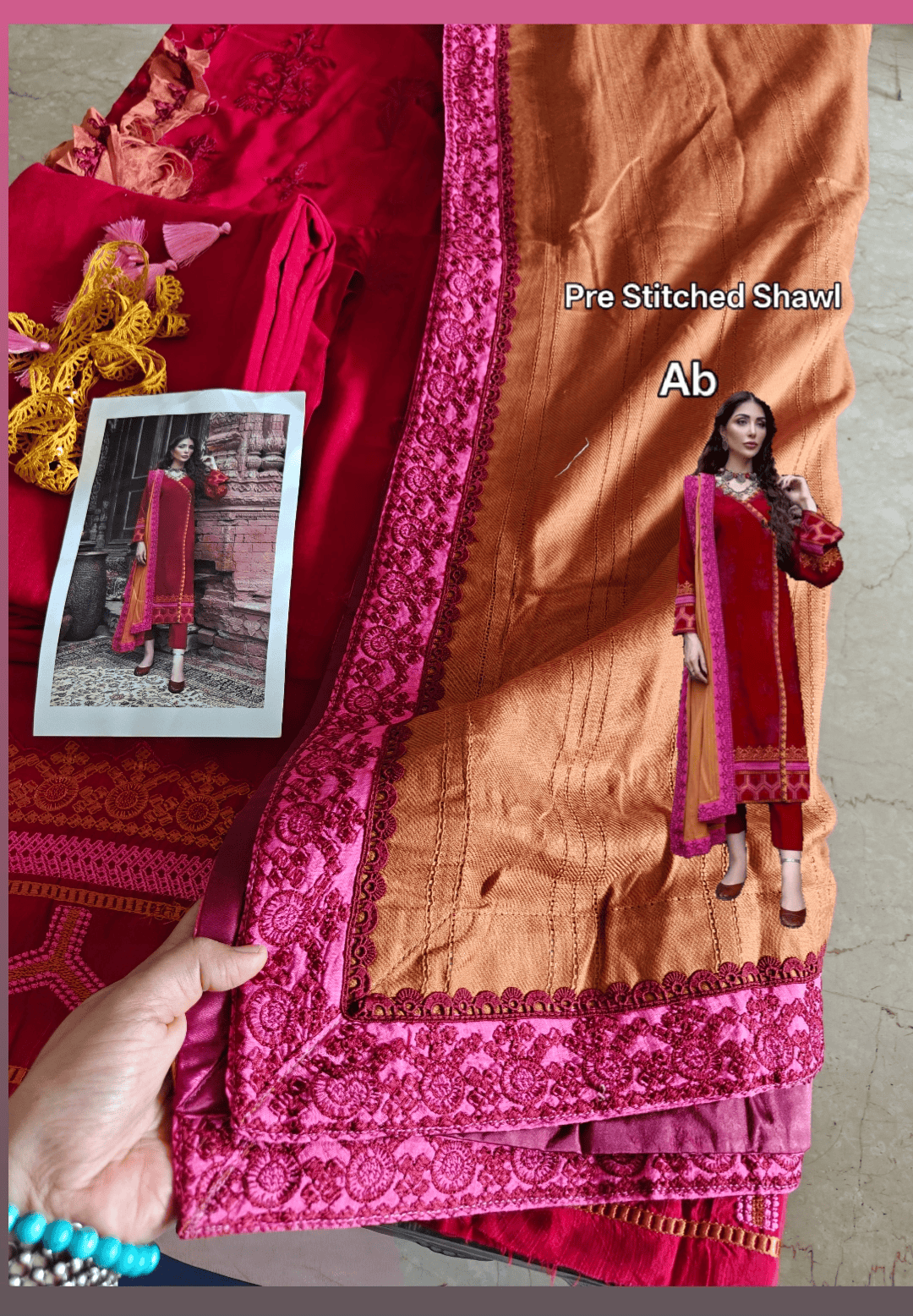 Semi Stitched/Charizma Poshima/Pre Stitched Shawl&Shirt/Leather Peach Fabric