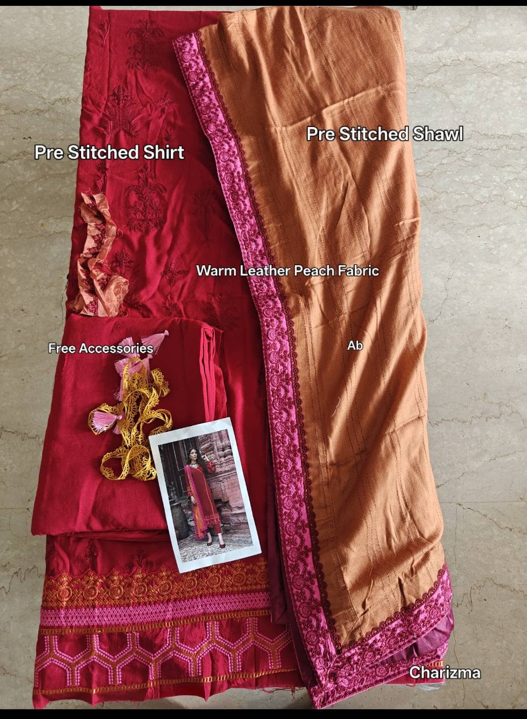 Semi Stitched/Charizma Poshima/Pre Stitched Shawl&Shirt/Leather Peach Fabric