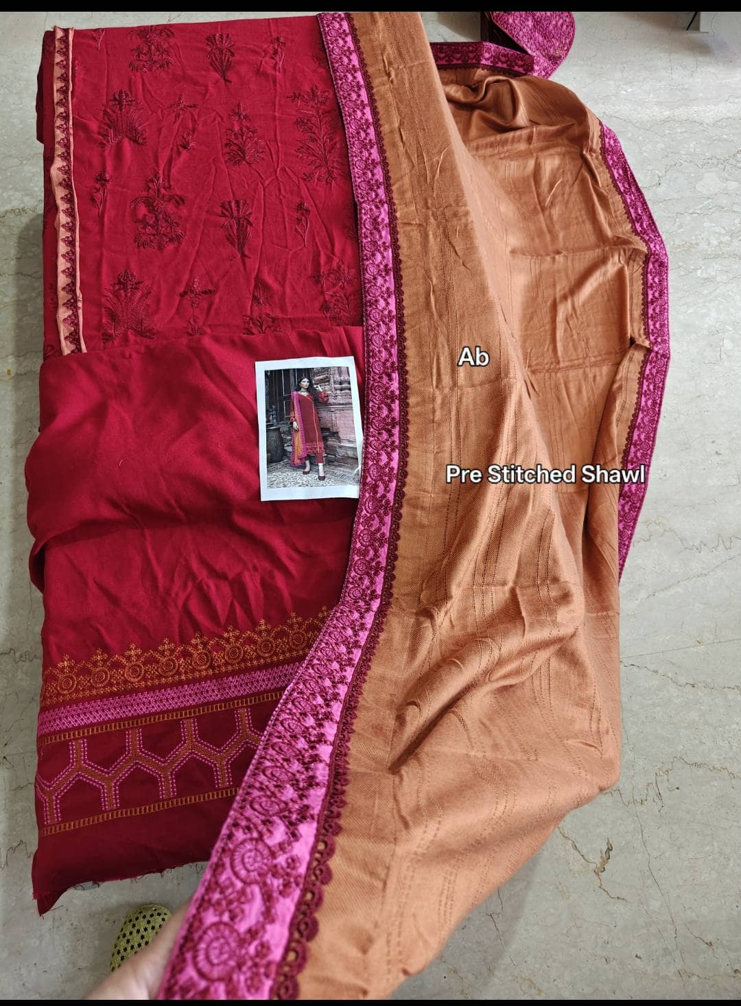 Semi Stitched/Charizma Poshima/Pre Stitched Shawl&Shirt/Leather Peach Fabric