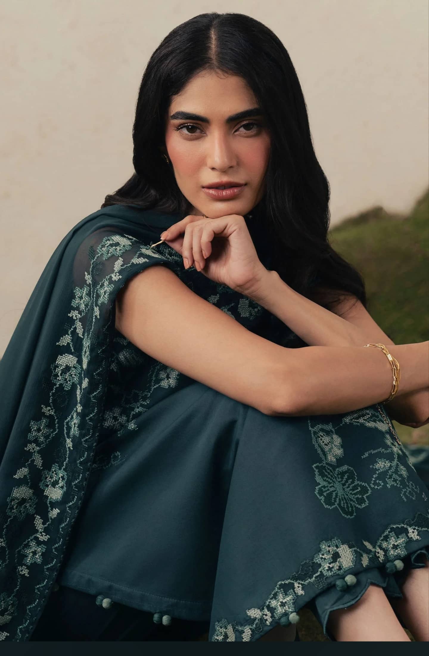 Cross Stitch Monsoon Edit 26/Emerald Teal/Chiffon Embroideried Dupatta