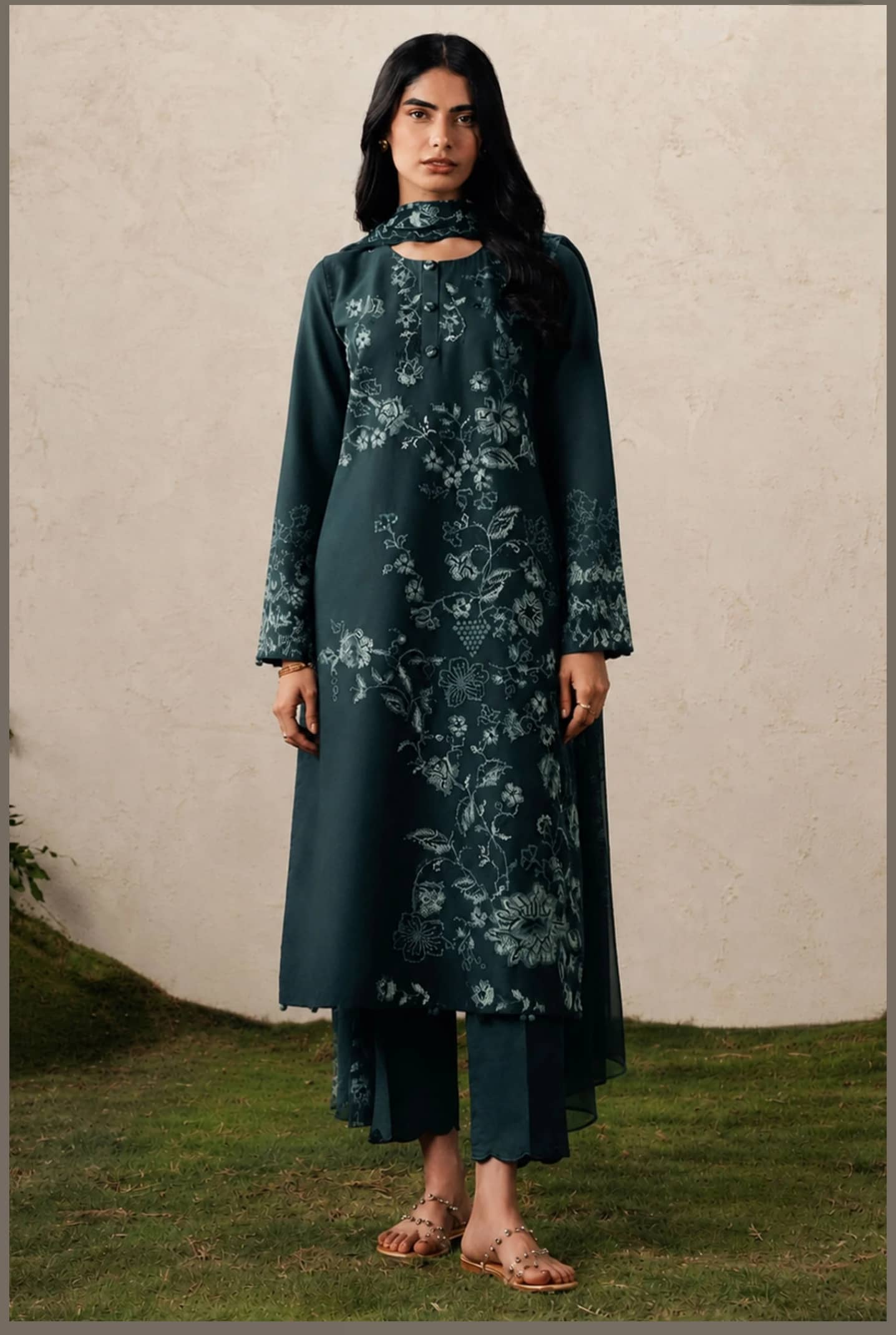 Cross Stitch Monsoon Edit 26/Emerald Teal/Chiffon Embroideried Dupatta